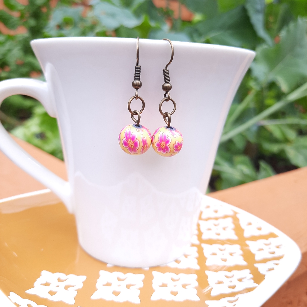 Pink & Yellow Floral Bead Simple Bronze Earrings